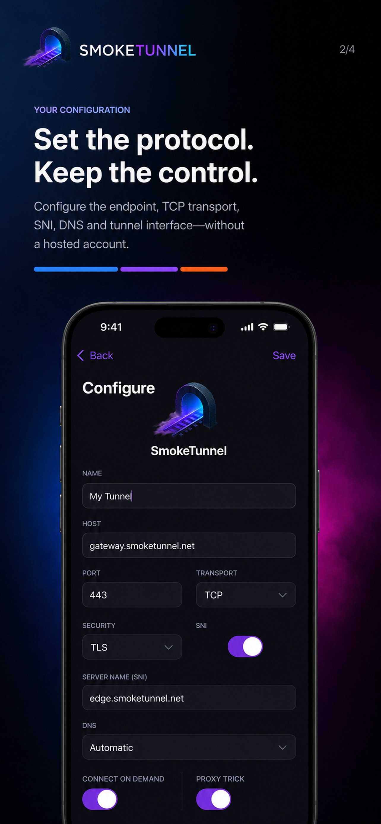 SmokeTunnel iOS configuration screen
