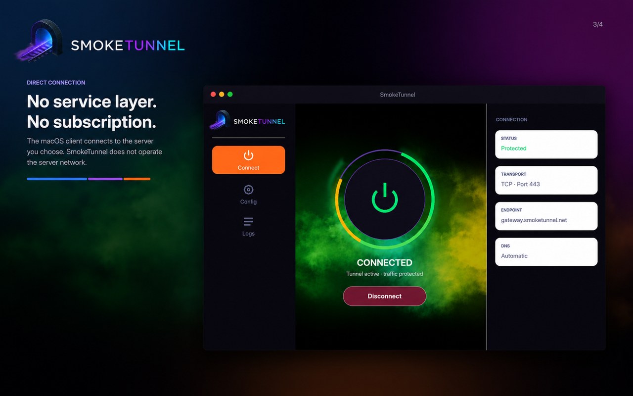 SmokeTunnel connected status screen